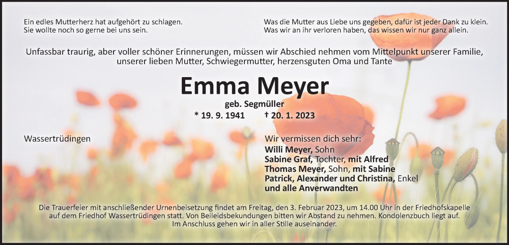  Traueranzeige für Emma Meyer vom 01.02.2023 aus Dinkelsbühl/ Feuchtwangen