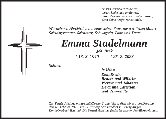 Traueranzeige von Emma Stadelmann von Dinkelsbühl/ Feuchtwangen