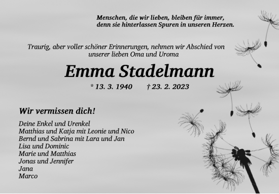 Traueranzeige von Emma Stadelmann von Dinkelsbühl/ Feuchtwangen