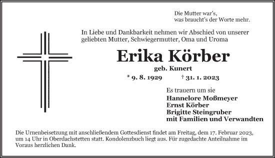 Traueranzeige von Erika Körber von Ansbach