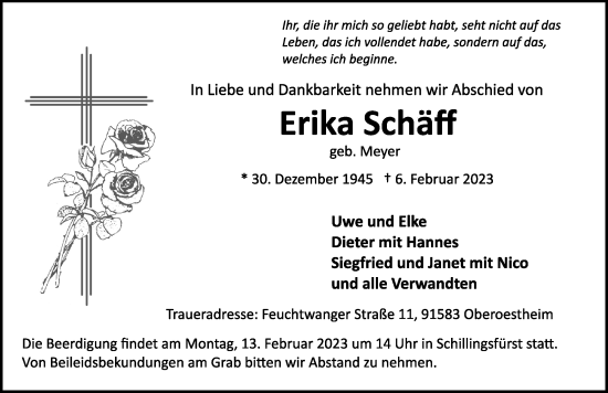 Traueranzeige von erika Schäff von Rothenburg