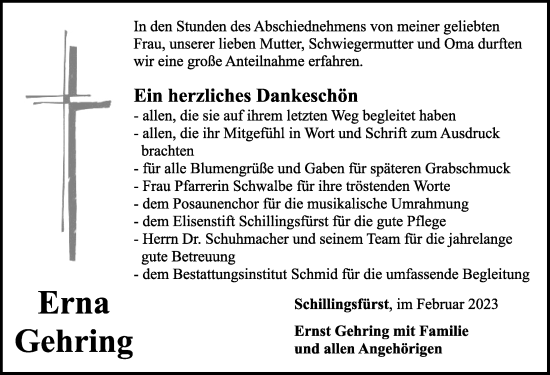 Traueranzeige von Erna Gehring von Rothenburg