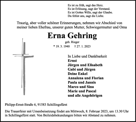 Traueranzeige von Erna Gehring von Rothenburg