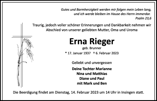 Traueranzeige von Erna Rieger von Rothenburg