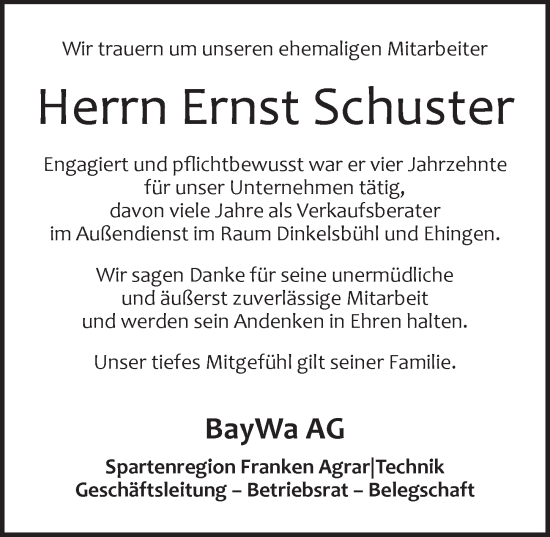 Traueranzeige von Ernst Schuster von Dinkelsbühl/ Feuchtwangen