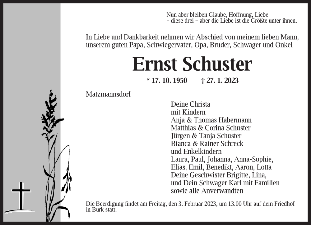 Traueranzeige für Ernst Schuster vom 01.02.2023 aus Dinkelsbühl/ Feuchtwangen