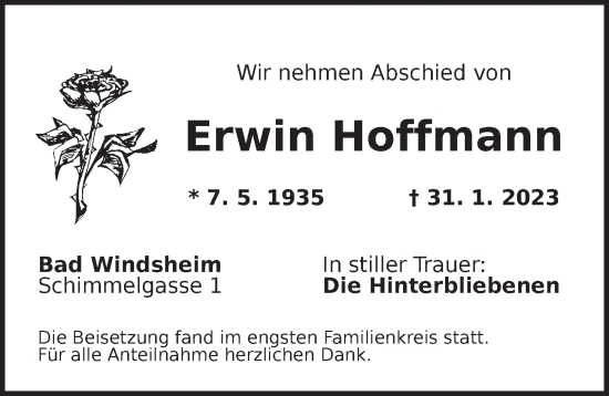 Traueranzeige von Erwin Hoffmann von Neustadt/ Scheinfeld/ Uffenheim