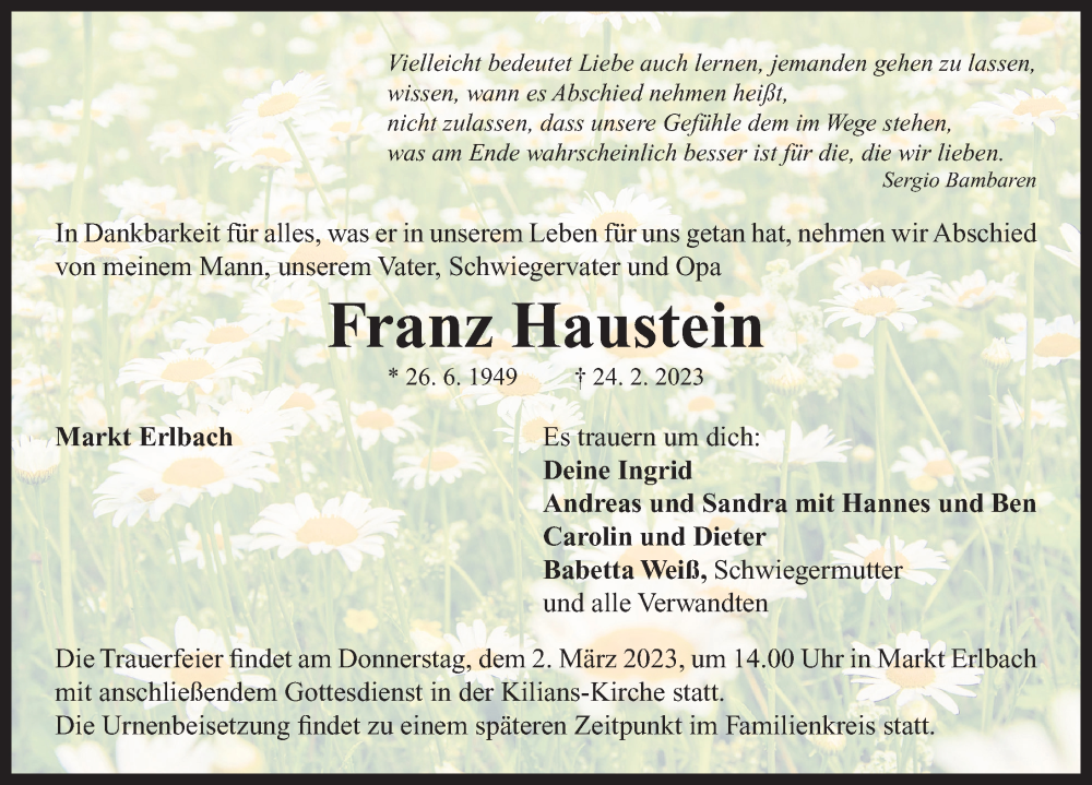  Traueranzeige für Franz Haustein vom 28.02.2023 aus Neustadt/ Scheinfeld/ Uffenheim
