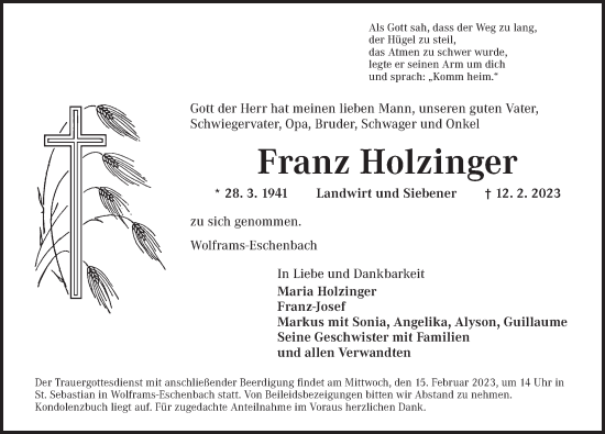 Traueranzeige von Franz Holzinger von Ansbach