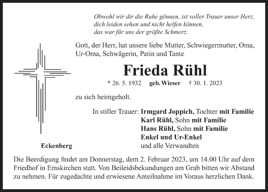Traueranzeige von Frieda Rühl von Neustadt/ Scheinfeld/ Uffenheim