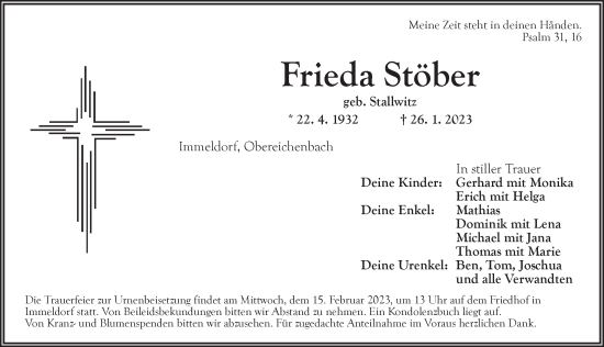 Traueranzeige von Frieda Stöber von Ansbach