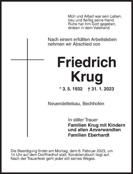 Traueranzeige von Friedrich Krug von Ansbach
