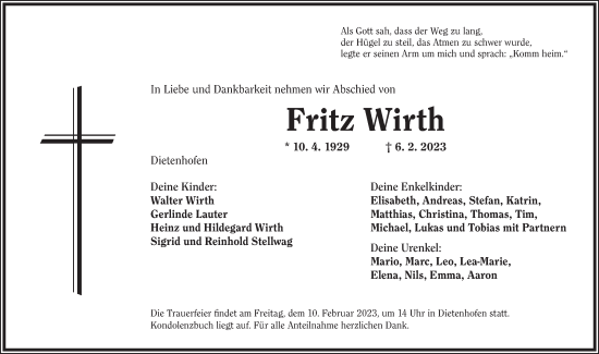 Traueranzeige von Fritz Wirth von Ansbach