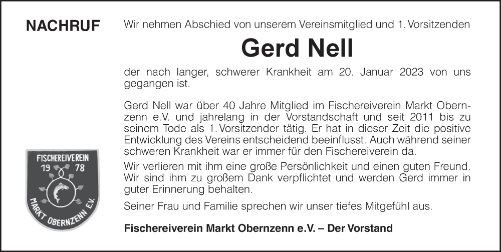  Traueranzeige für Gerd Nell vom 01.02.2023 aus Neustadt/ Scheinfeld/ Uffenheim