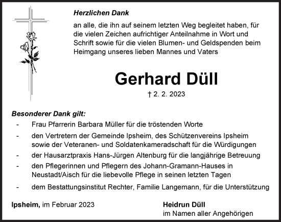 Traueranzeige von Gerhard Düll von Neustadt/ Scheinfeld/ Uffenheim