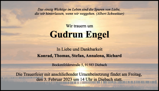 Traueranzeige von Gudrun Engel von Rothenburg