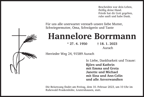 Traueranzeige von Hannelore Borrmann von Dinkelsbühl/ Feuchtwangen