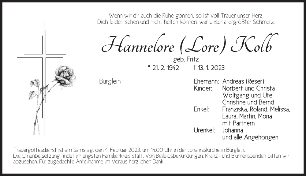  Traueranzeige für Hannelore Kolb vom 01.02.2023 aus Ansbach
