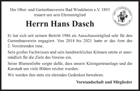 Traueranzeige von Hans Dasch von Neustadt/ Scheinfeld/ Uffenheim