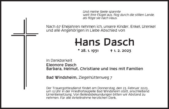 Traueranzeige von Hans Dasch von Neustadt/ Scheinfeld/ Uffenheim