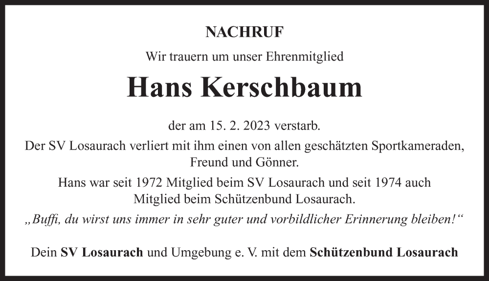  Traueranzeige für Hans Kerschbaum vom 22.02.2023 aus Neustadt/ Scheinfeld/ Uffenheim