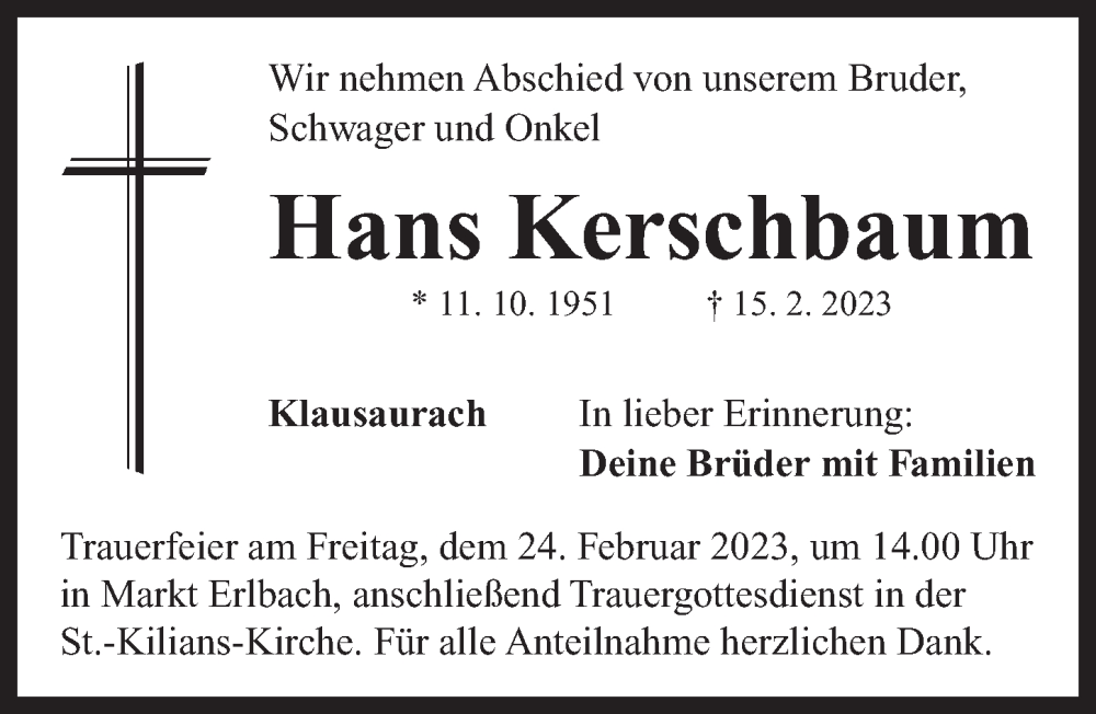  Traueranzeige für Hans Kerschbaum vom 21.02.2023 aus Neustadt/ Scheinfeld/ Uffenheim