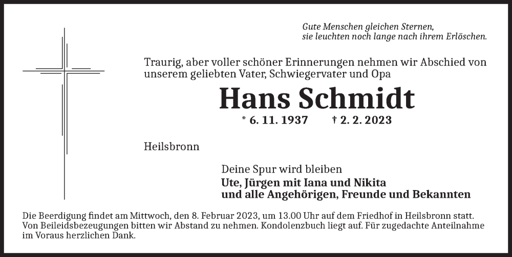  Traueranzeige für Hans Schmidt vom 06.02.2023 aus Ansbach