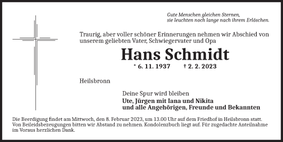 Traueranzeige von Hans Schmidt von Ansbach