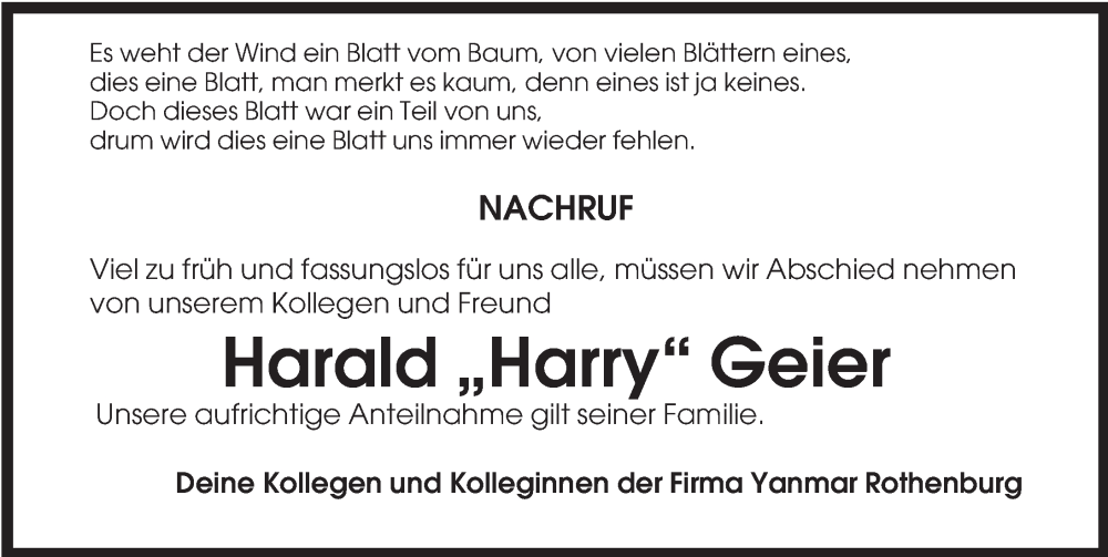  Traueranzeige für Harald Geier vom 28.02.2023 aus Rothenburg