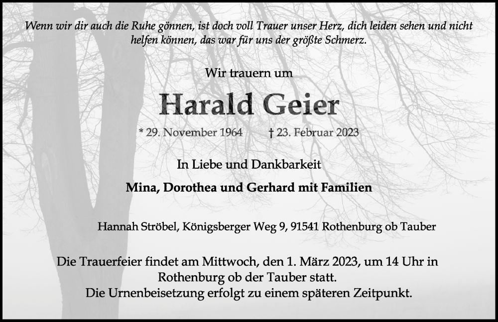  Traueranzeige für Harald Geier vom 27.02.2023 aus Rothenburg