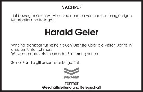 Traueranzeige von Harald Geier von Rothenburg