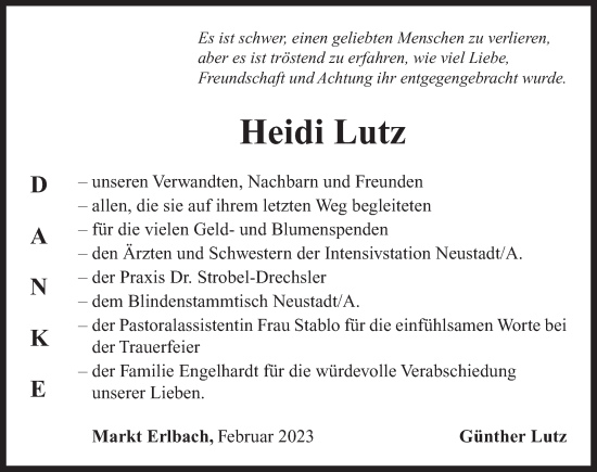 Traueranzeige von Heidi Lutz von Neustadt/ Scheinfeld/ Uffenheim