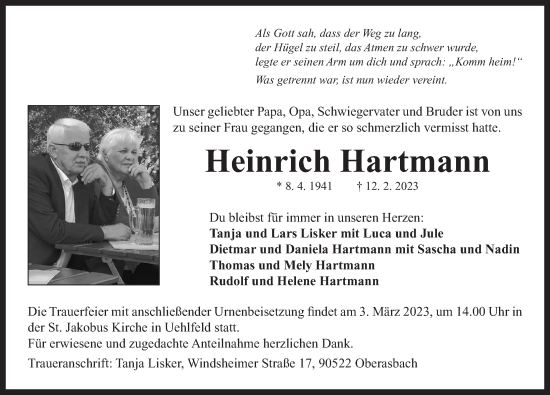Traueranzeige von Heinrich Hartmann von Neustadt/ Scheinfeld/ Uffenheim