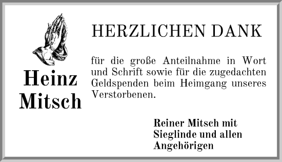 Traueranzeige von Heinz Mitsch von Ansbach