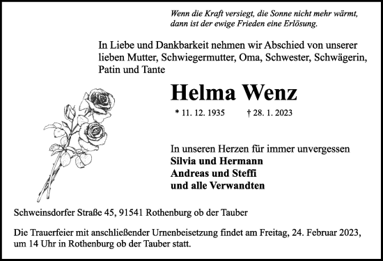 Traueranzeige von Helma Wenz von Rothenburg