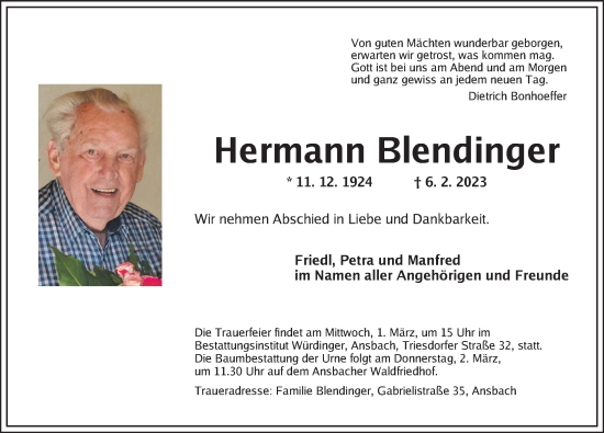 Traueranzeige von Hermann Blendinger von Ansbach