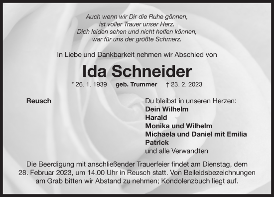 Traueranzeige von Ida Schneider von Neustadt/ Scheinfeld/ Uffenheim