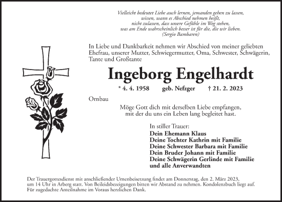 Traueranzeige von Ingeborg Engelhardt von Ansbach