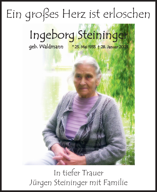 Traueranzeige von Ingeborg Steininger von Neustadt/ Scheinfeld/ Uffenheim