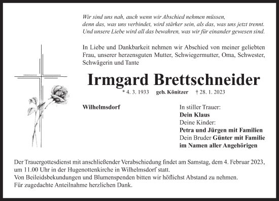 Traueranzeige von Irmgard Brettschneider von Neustadt/ Scheinfeld/ Uffenheim