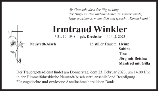 Traueranzeige von Irmtraud Winkler von Neustadt/ Scheinfeld/ Uffenheim