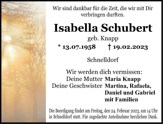 Traueranzeige von Isabella Schubert von Dinkelsbühl/ Feuchtwangen