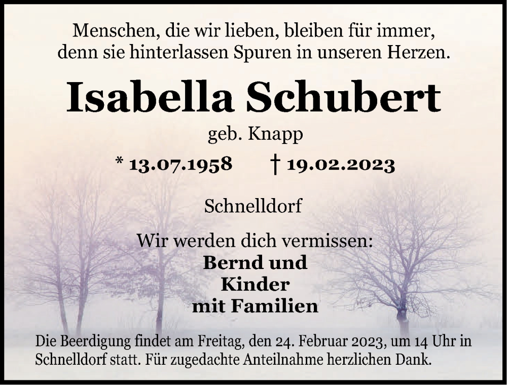  Traueranzeige für Isabella Schubert vom 23.02.2023 aus Dinkelsbühl/ Feuchtwangen