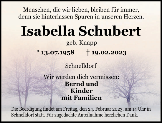 Traueranzeige von Isabella Schubert von Dinkelsbühl/ Feuchtwangen