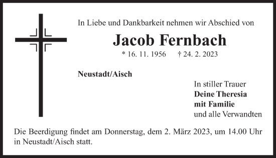 Traueranzeige von Jacob Fernbach von Neustadt/ Scheinfeld/ Uffenheim