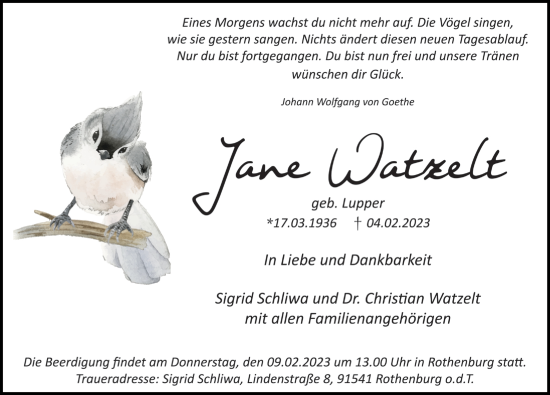 Traueranzeige von Jane Watzelt von Rothenburg