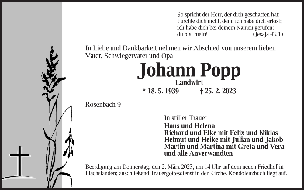  Traueranzeige für Johann Popp vom 28.02.2023 aus Ansbach