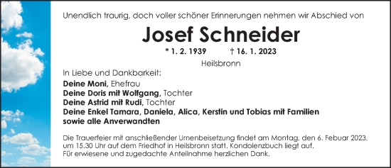 Traueranzeige von Josef Schneider von Ansbach