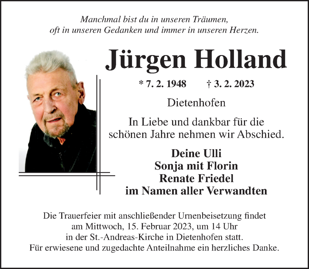  Traueranzeige für Jürgen Holland vom 10.02.2023 aus Ansbach
