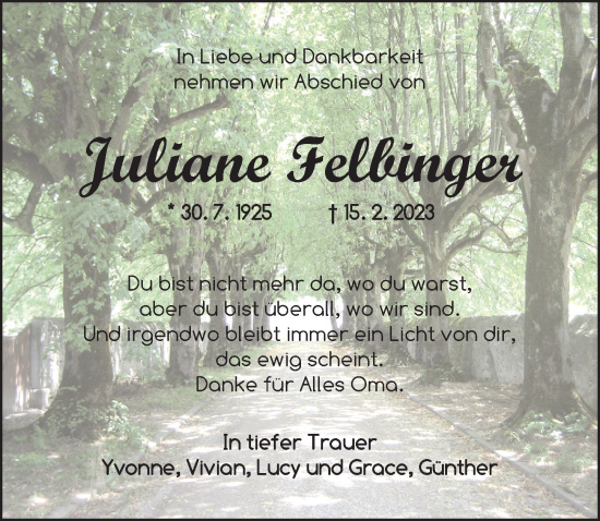 Traueranzeige von Juliane Felbinger von Ansbach